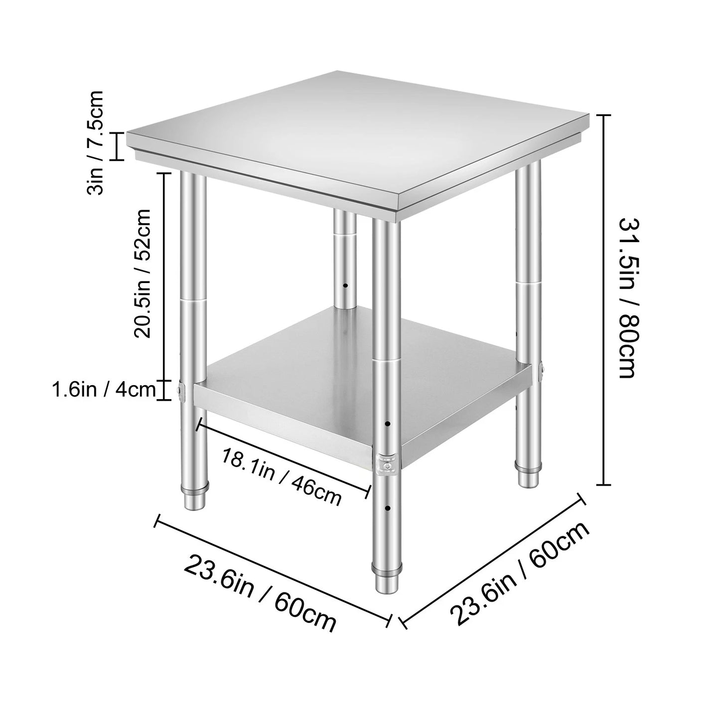 Stainless Steel Commercial Prep Table for Food Service, 24x24x31in