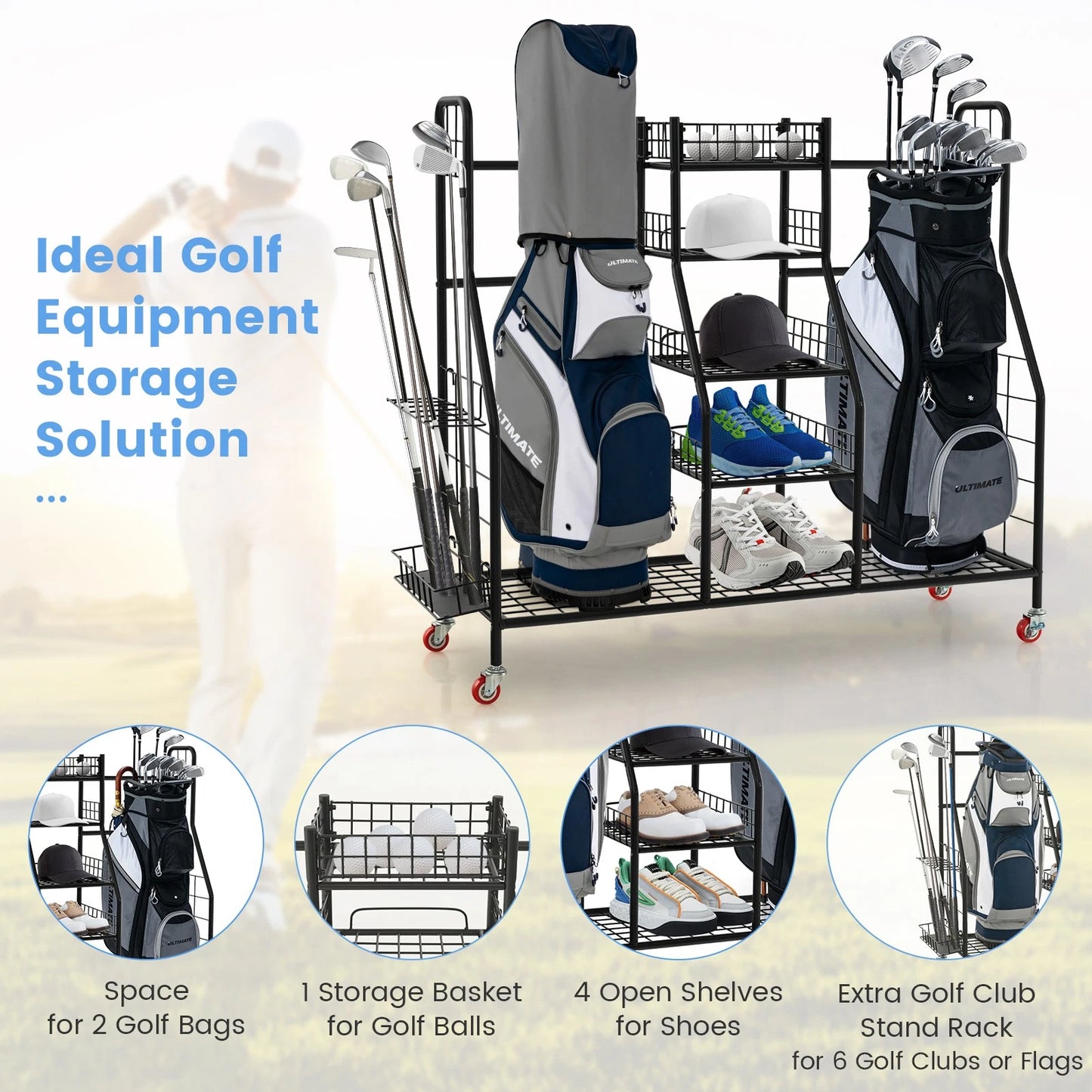 Golf Bag Storage Organizer, Heavy Duty Metal Double Golf Bag Storage Rack