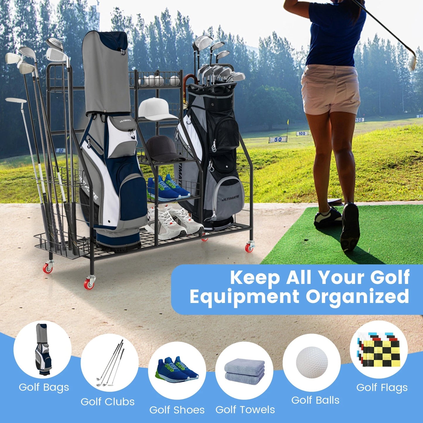 Golf Bag Storage Organizer, Heavy Duty Metal Double Golf Bag Storage Rack