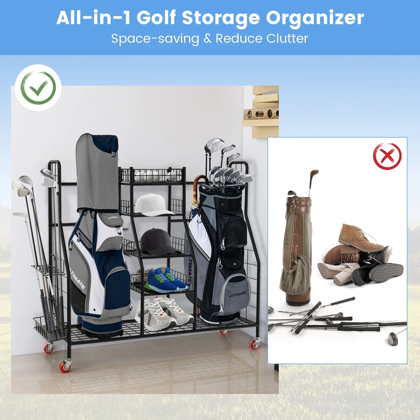 Golf Bag Storage Organizer, Heavy Duty Metal Double Golf Bag Storage Rack