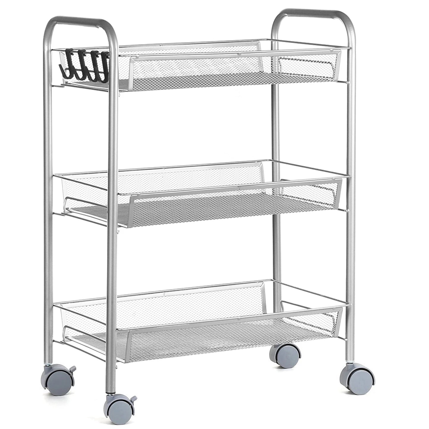 3-Tier Metal Rolling Cart on Wheels with Baskets Storage with Removable Shelves