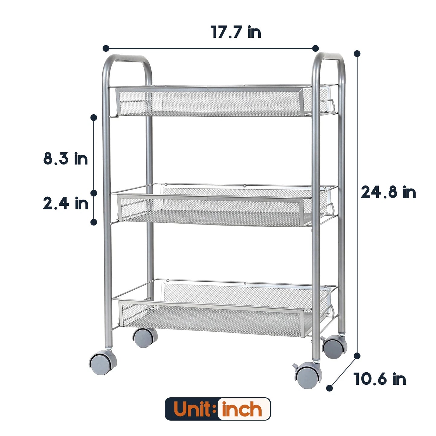 3-Tier Metal Rolling Cart on Wheels with Baskets Storage with Removable Shelves