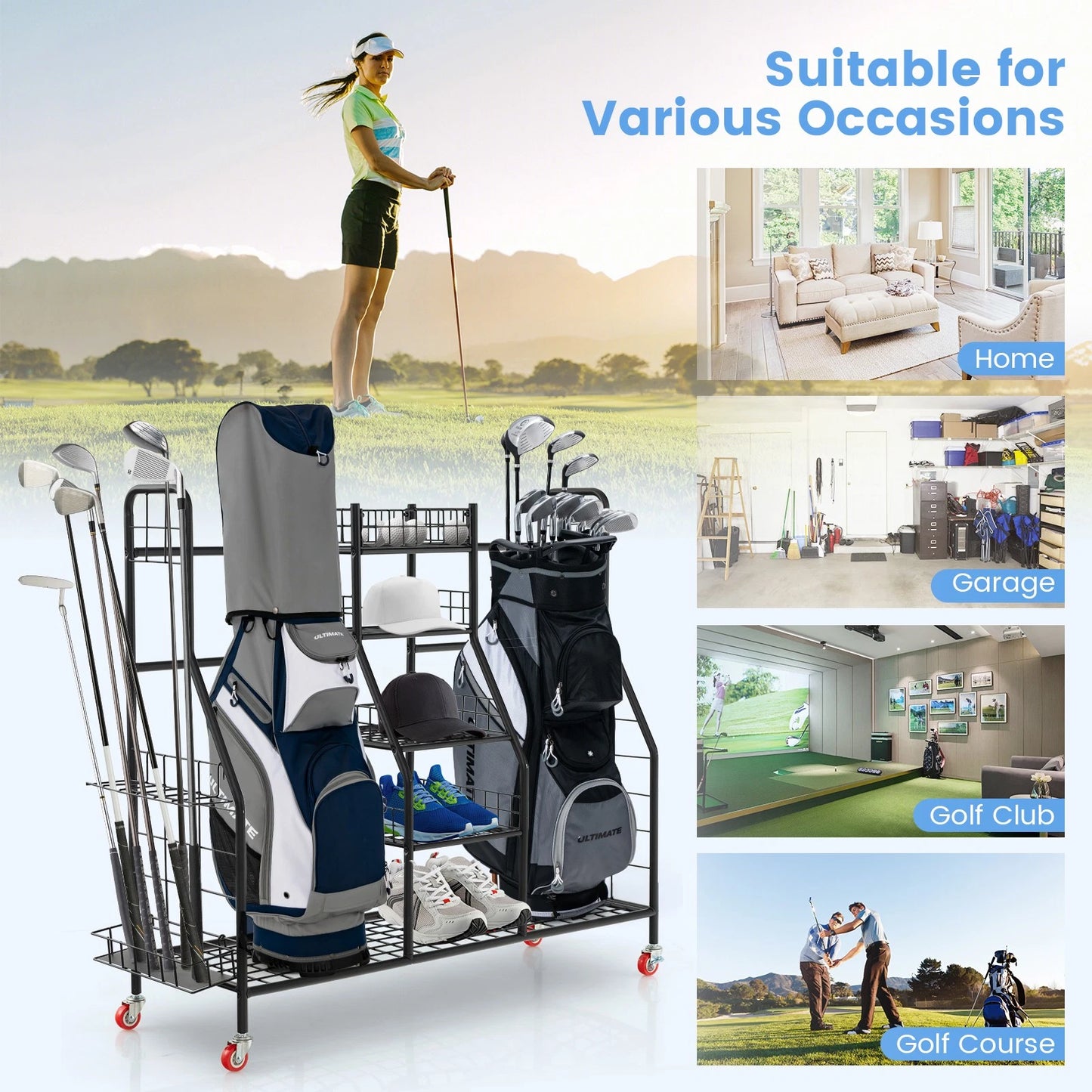 Golf Bag Storage Organizer, Heavy Duty Metal Double Golf Bag Storage Rack