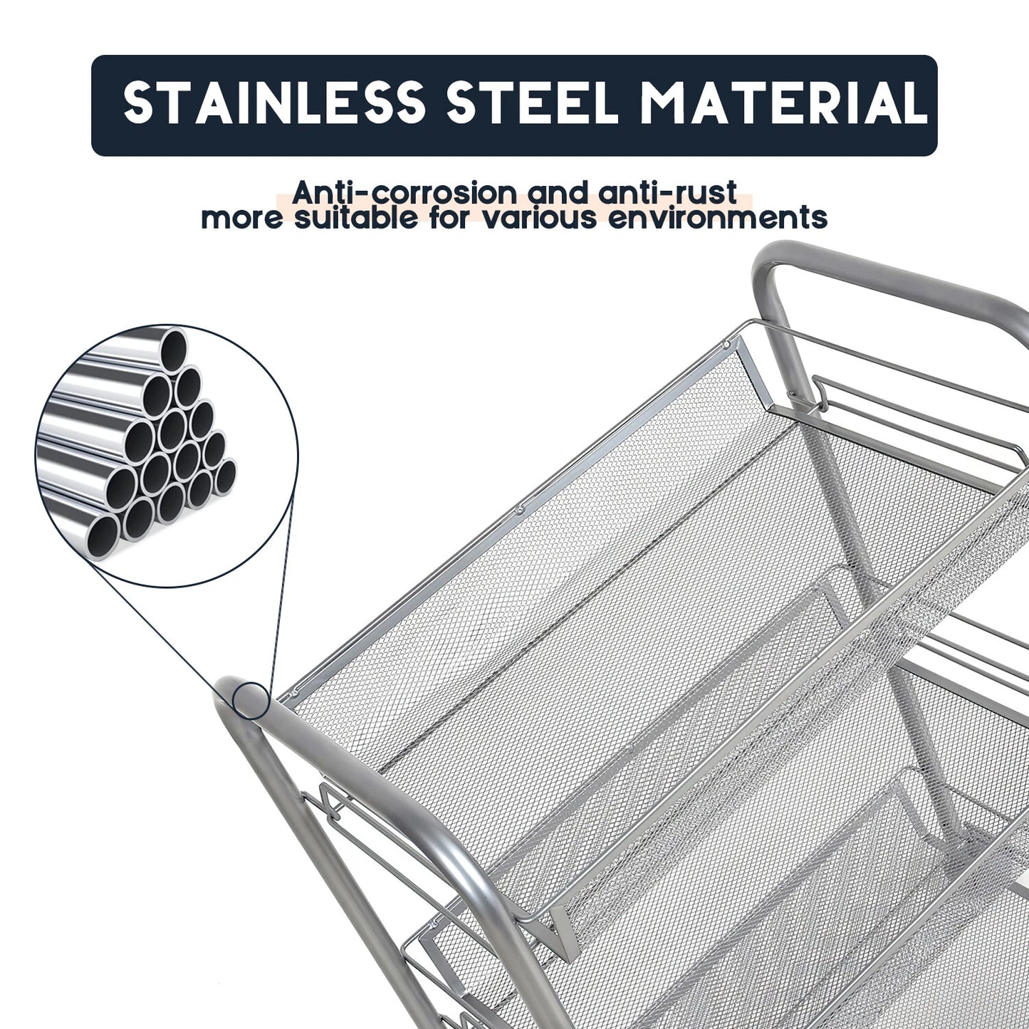 3-Tier Metal Rolling Cart on Wheels with Baskets Storage with Removable Shelves