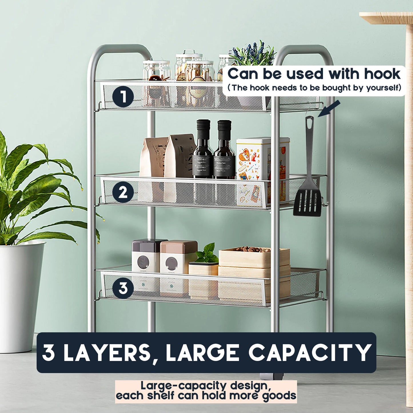 3-Tier Metal Rolling Cart on Wheels with Baskets Storage with Removable Shelves