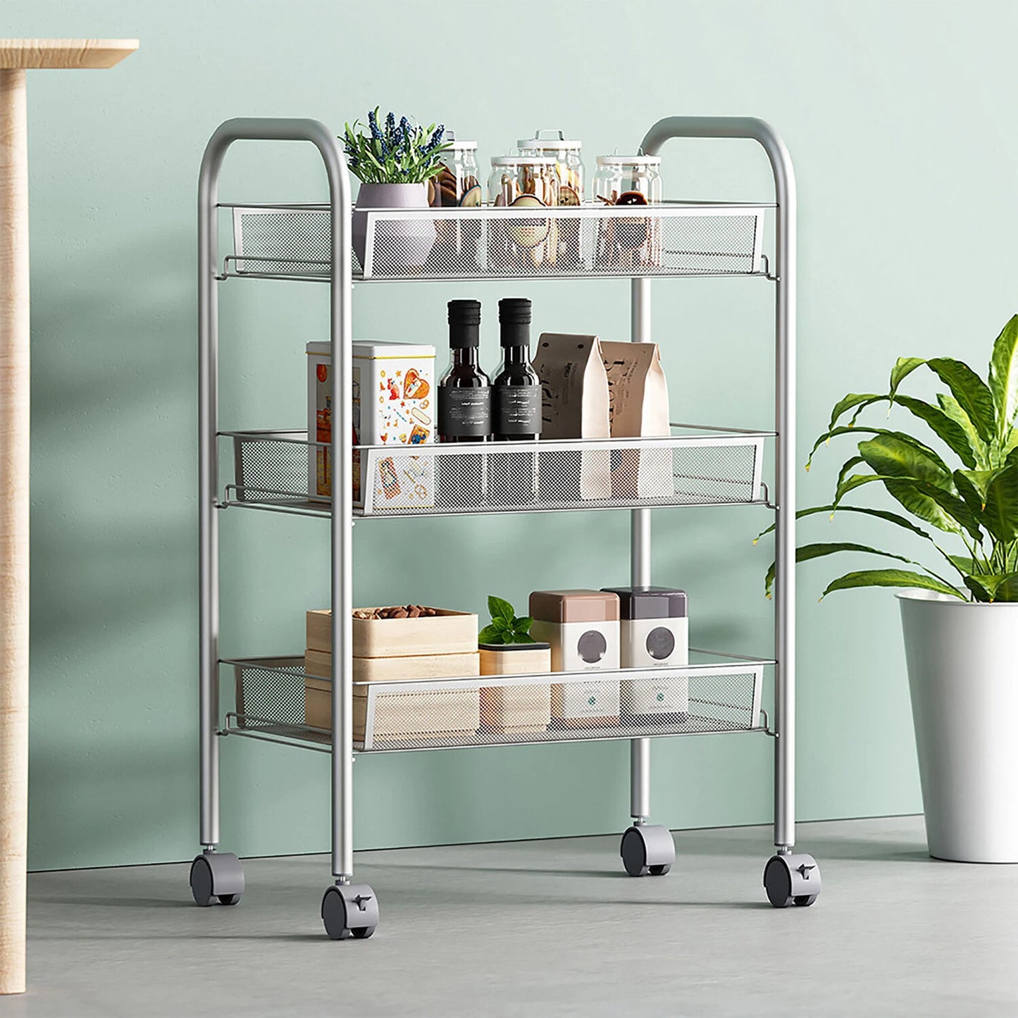 3-Tier Metal Rolling Cart on Wheels with Baskets Storage with Removable Shelves