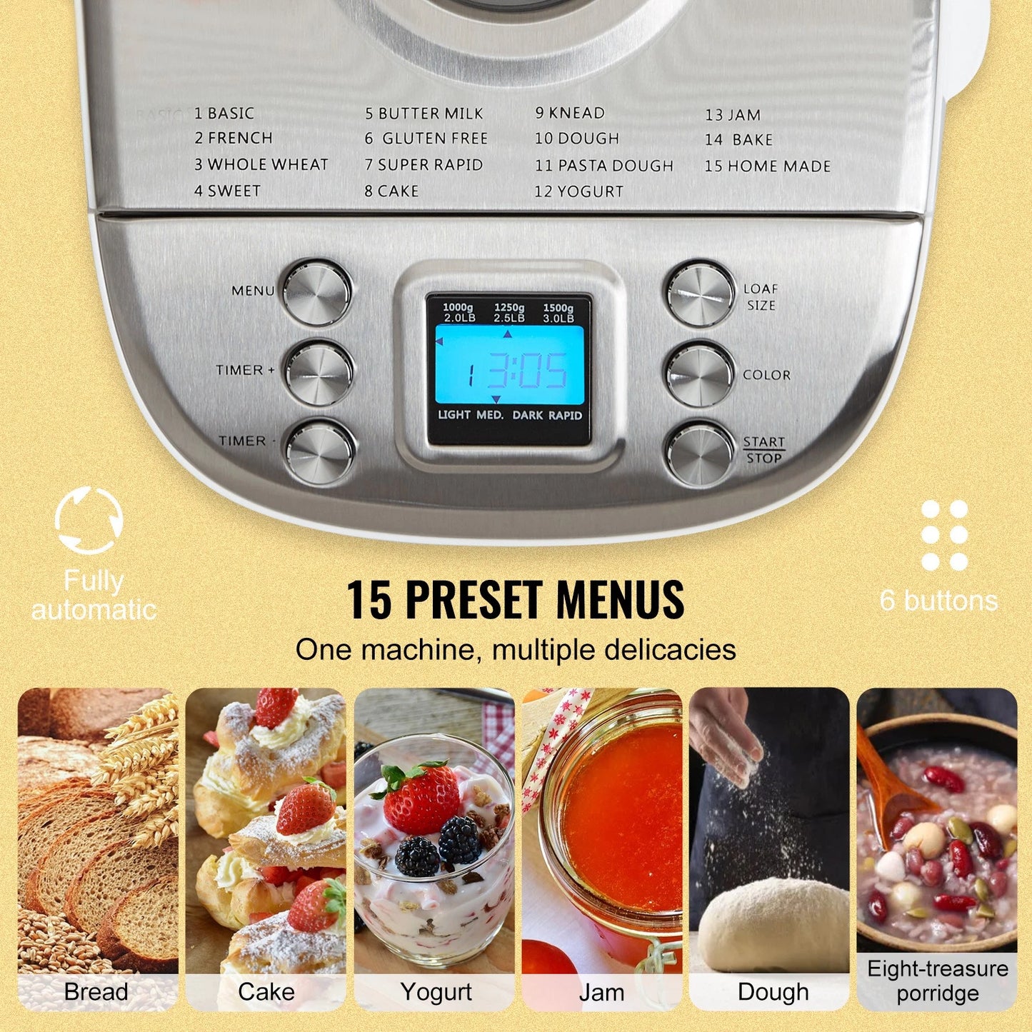 3LB 15-in-1 Bread Maker Automatic Compact Dough Machine Nonstick White