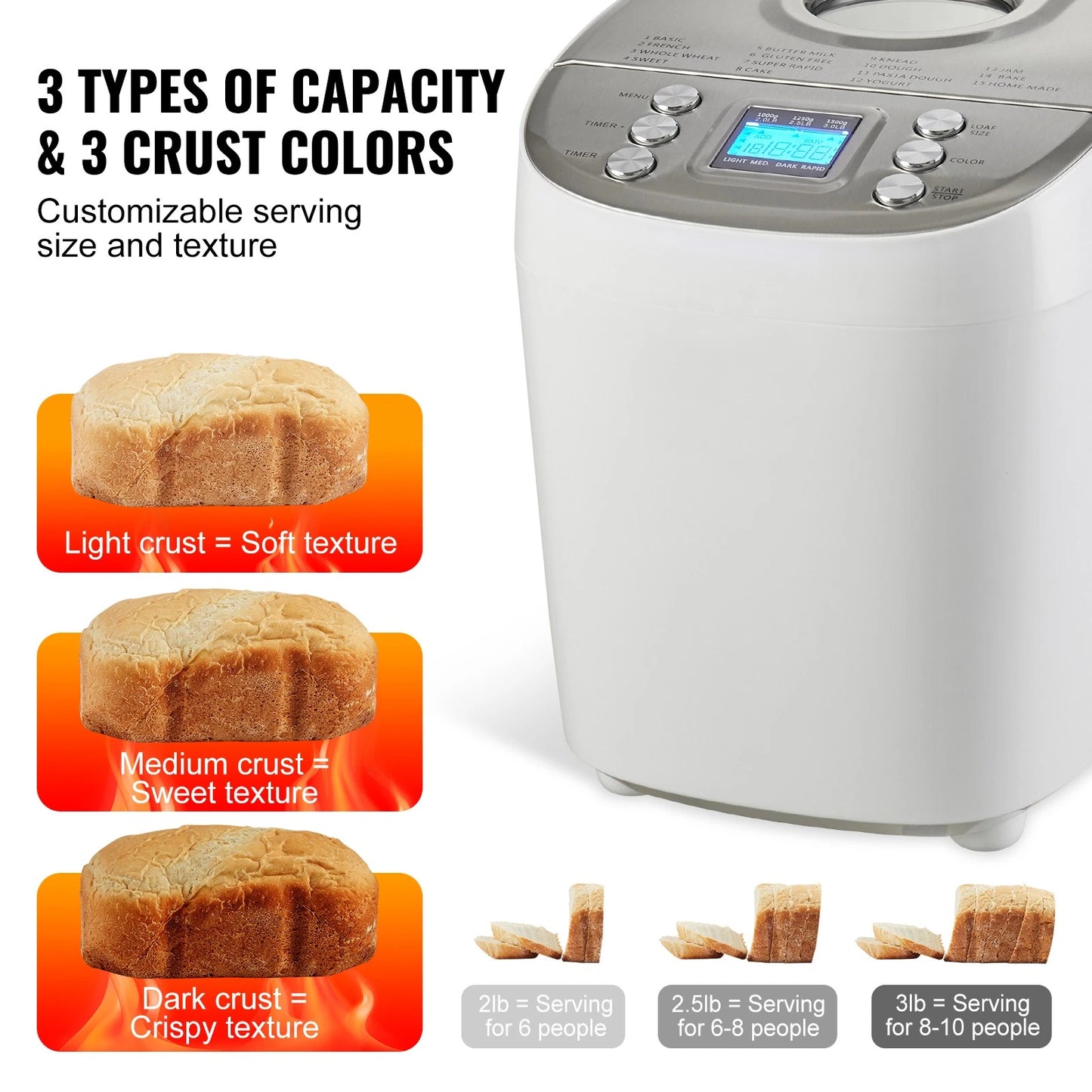 3LB 15-in-1 Bread Maker Automatic Compact Dough Machine Nonstick White