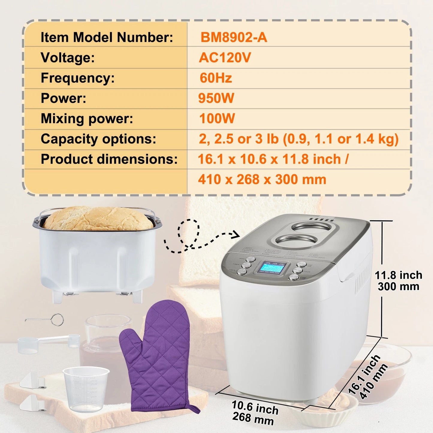 3LB 15-in-1 Bread Maker Automatic Compact Dough Machine Nonstick White