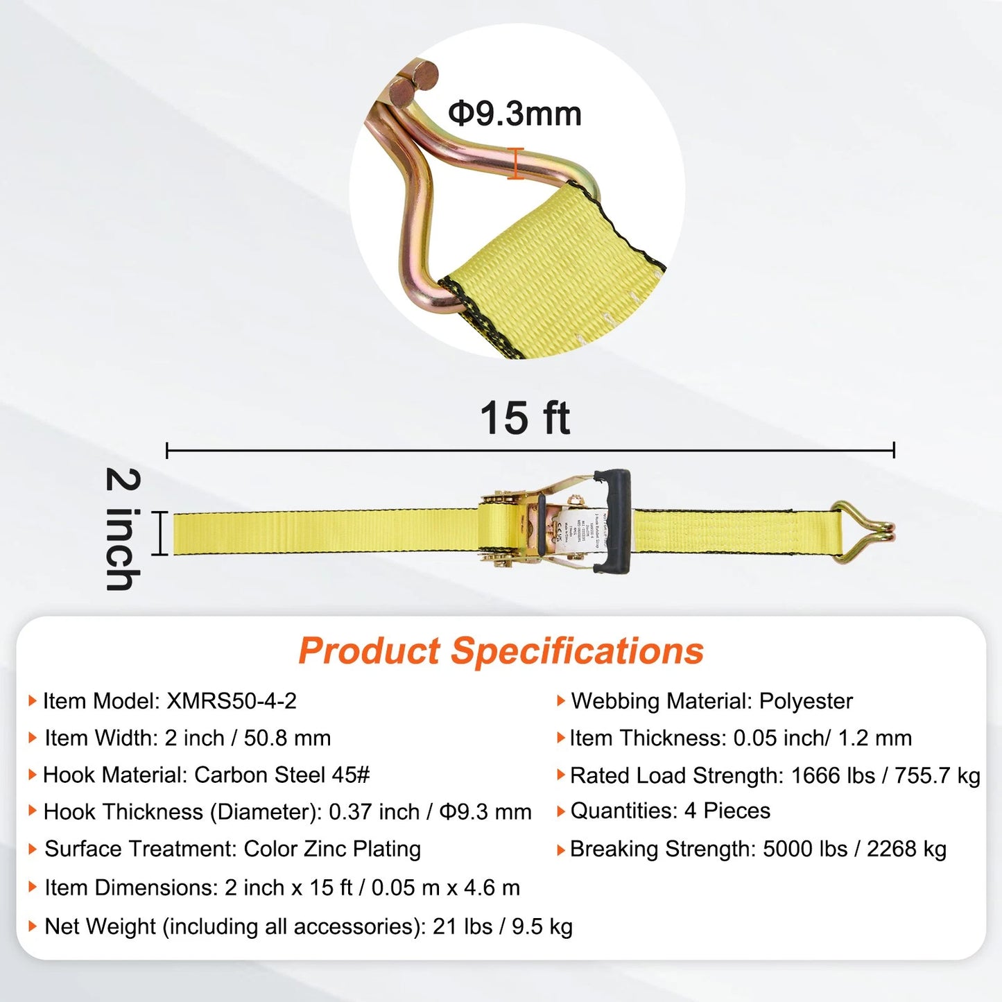 4 Pack Ratchet Tie Down Straps 5000 lbs 2" x 15' Heavy Duty Double J Hook