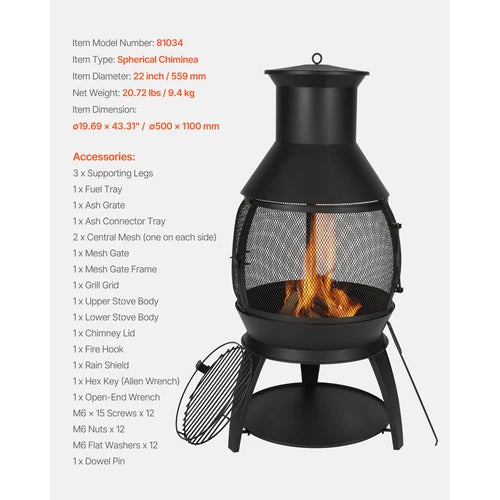 22 In Chiminea Outdoor Wood Burning Iron Firepit with Grill Mesh & Chimney Coat