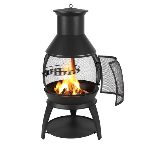22 In Chiminea Outdoor Wood Burning Iron Firepit with Grill Mesh & Chimney Coat