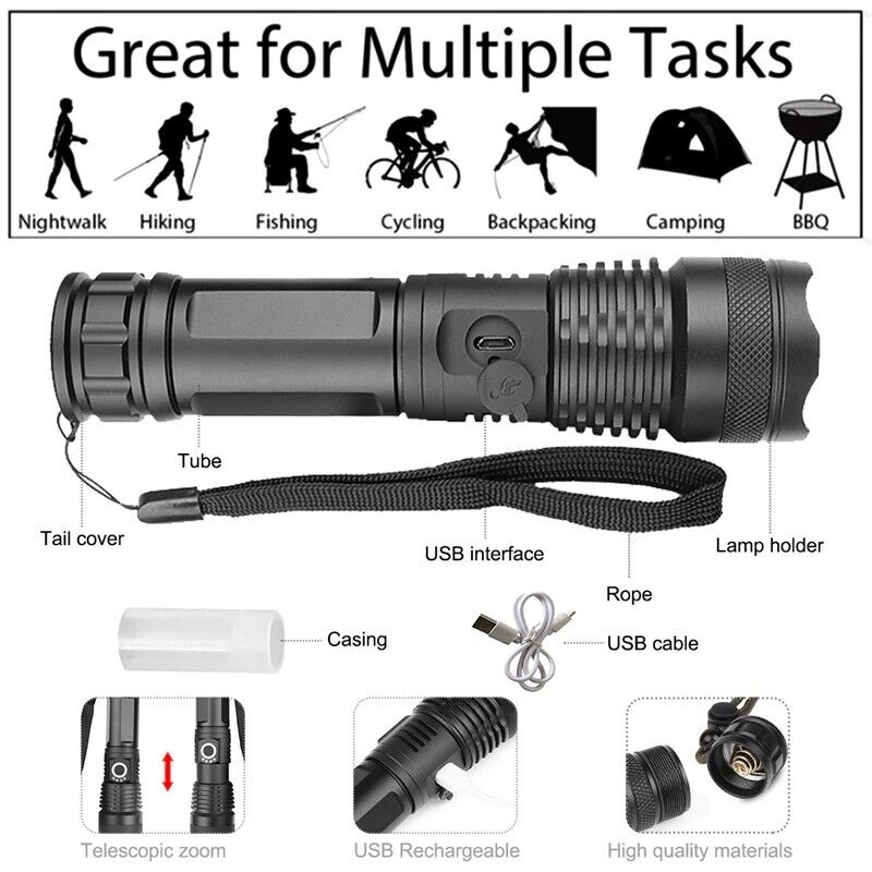 Super Bright LED Tactical Flashlight Rechargeable 100000 LM