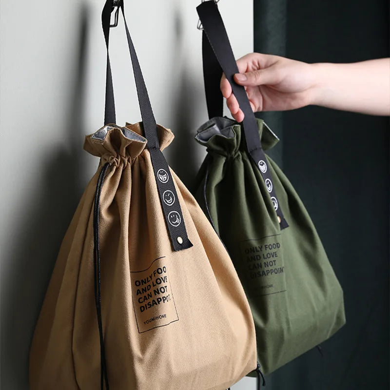 Drawstring Canvas Lunch Tote Bag – Insulated Fresh-Keeping Bento Box Carrier for School, Work, Picnics, and Daily Food Storage Style