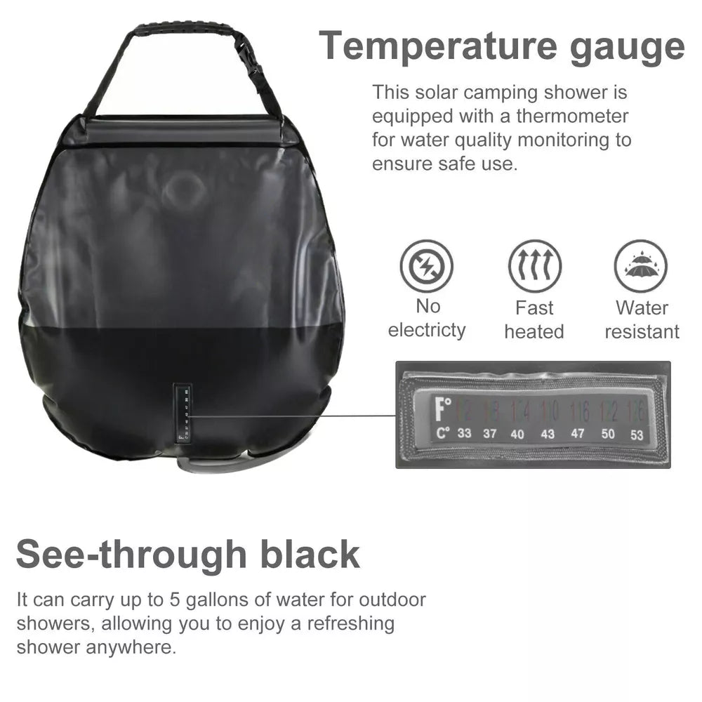 5 Gallon Solar Shower Bag Portable Outdoor Heated Camping Shower