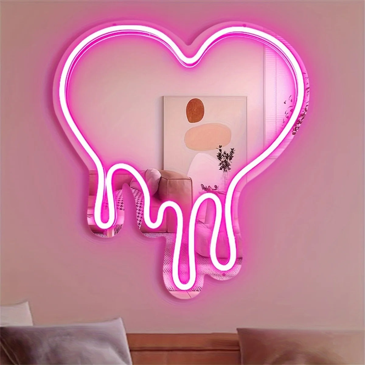 LED Melting Heart Neon Sign – Pink Mirror Wall Light for Romantic & Aesthetic Decor
