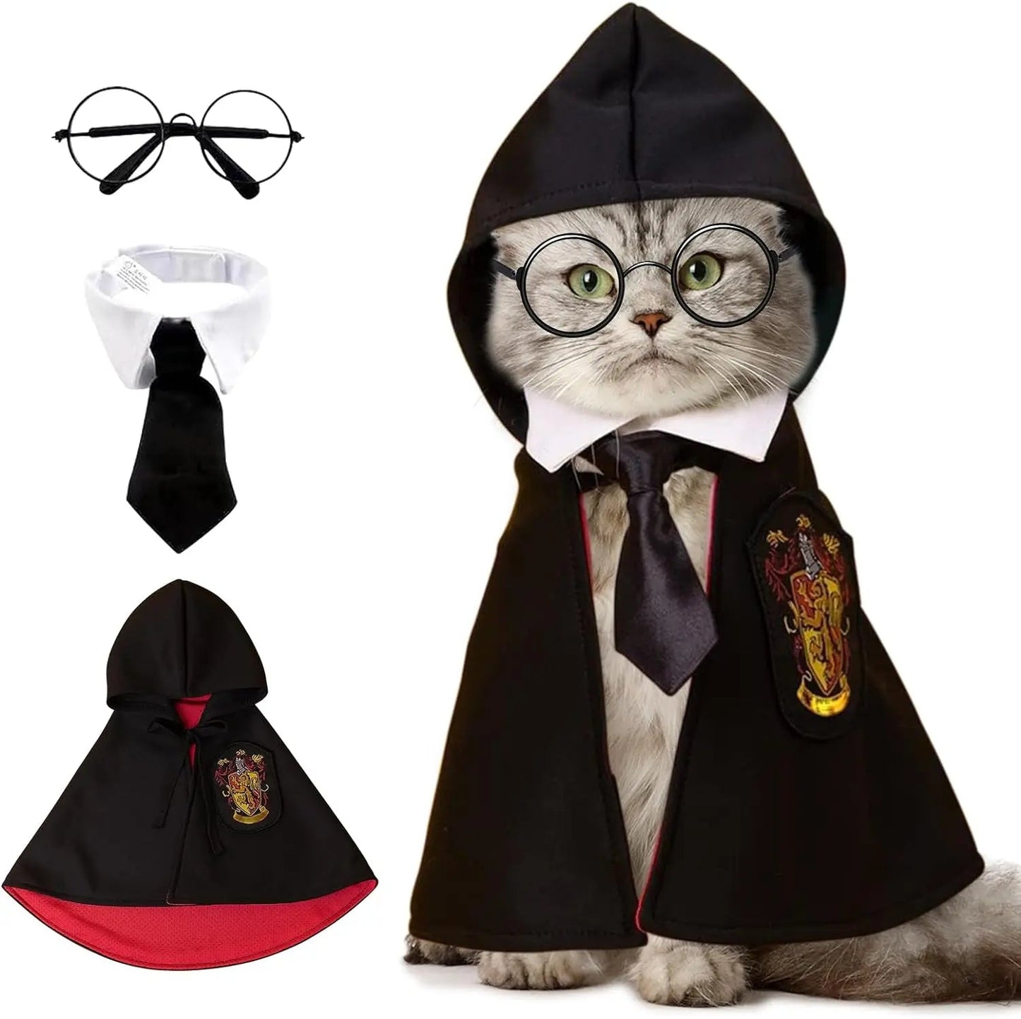 Halloween Pet Cloak Costume – Dog Cat Cosplay Magic Cloak with Glasses and Necktie, Cute Small Pet Clothes for Festivals