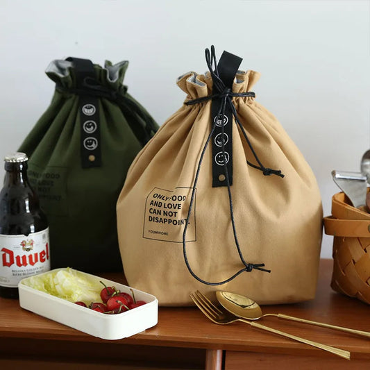Drawstring Canvas Lunch Tote Bag – Insulated Fresh-Keeping Bento Box Carrier for School, Work, Picnics, and Daily Food Storage Style