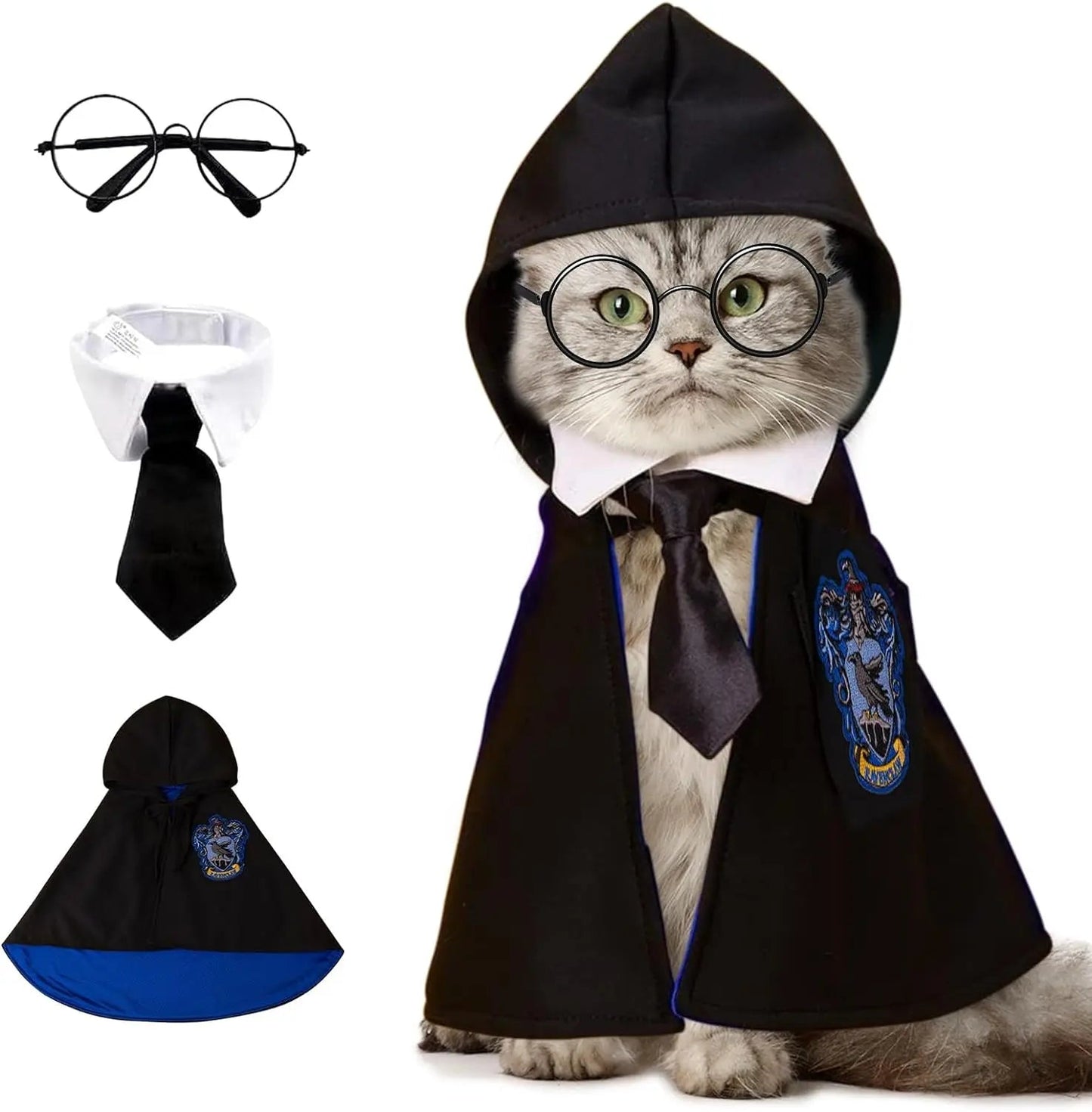 Halloween Pet Cloak Costume – Dog Cat Cosplay Magic Cloak with Glasses and Necktie, Cute Small Pet Clothes for Festivals
