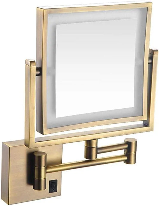 Antique Gold Magnifying LED Makeup Mirror – Adjustable Wall-Mounted Vanity Mirror with 1X/3X Magnification & Rechargeable Battery