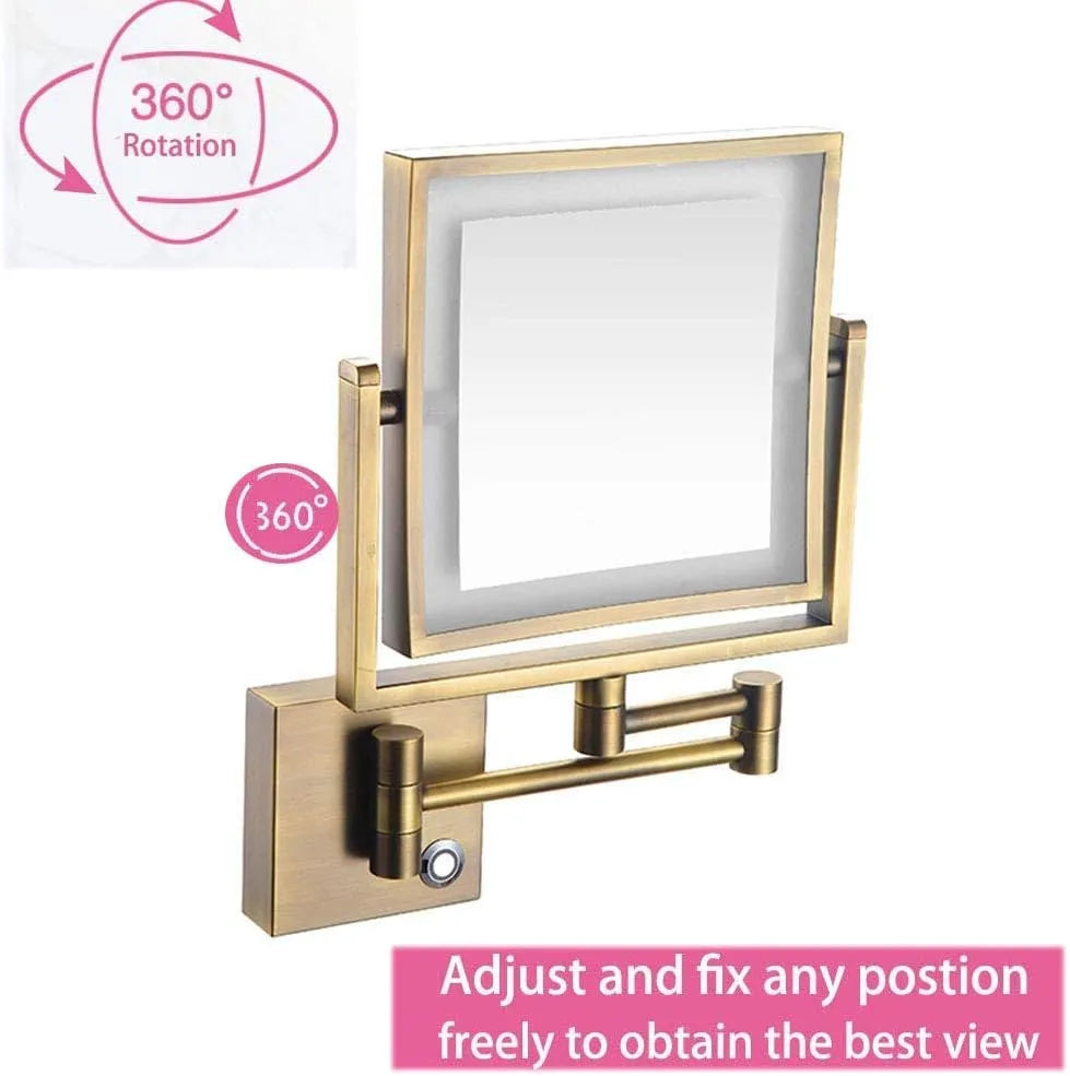 Antique Gold Magnifying LED Makeup Mirror – Adjustable Wall-Mounted Vanity Mirror with 1X/3X Magnification & Rechargeable Battery