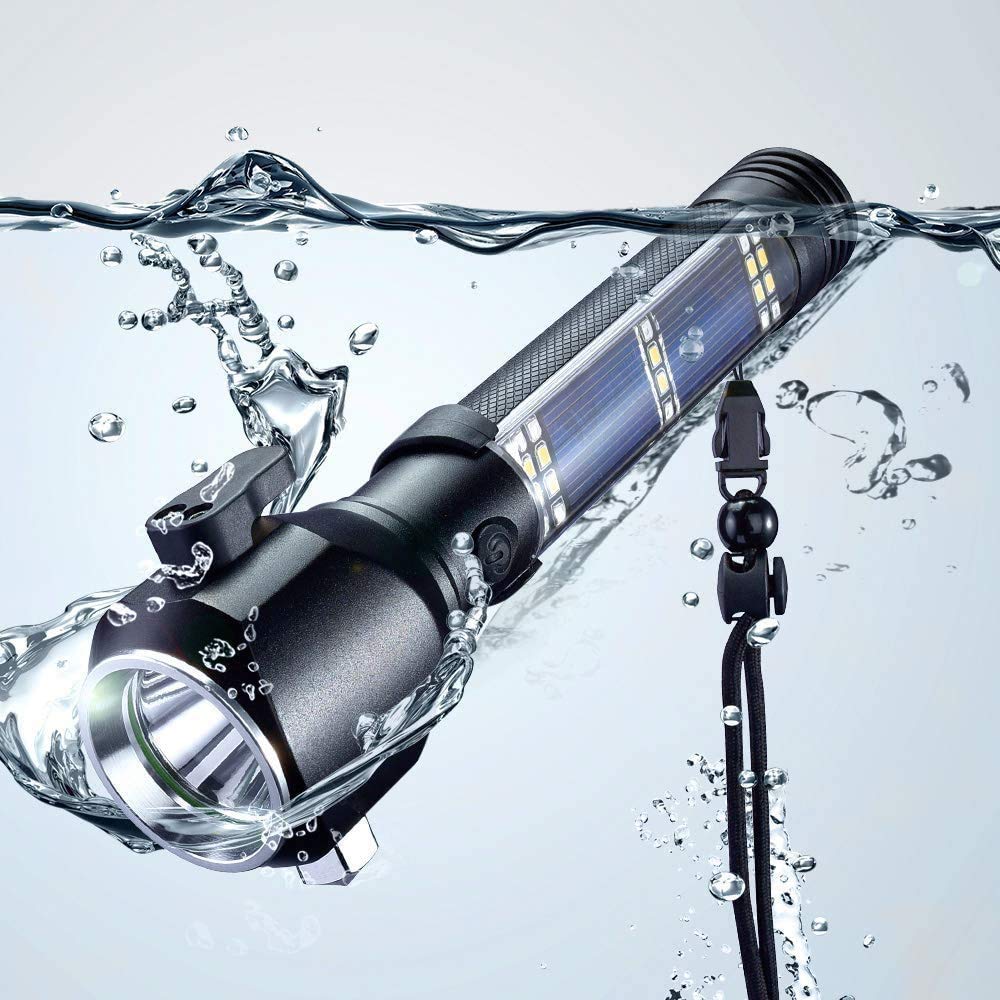 Tactical Solar Flashlight – 10-in-1 USB Rechargeable Survival Tool with SOS Alarm, Glass Breaker & Camping Emergency Kit