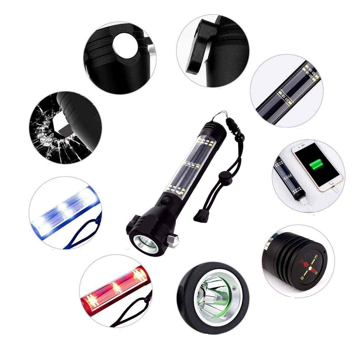 Tactical Solar Flashlight – 10-in-1 USB Rechargeable Survival Tool with SOS Alarm, Glass Breaker & Camping Emergency Kit