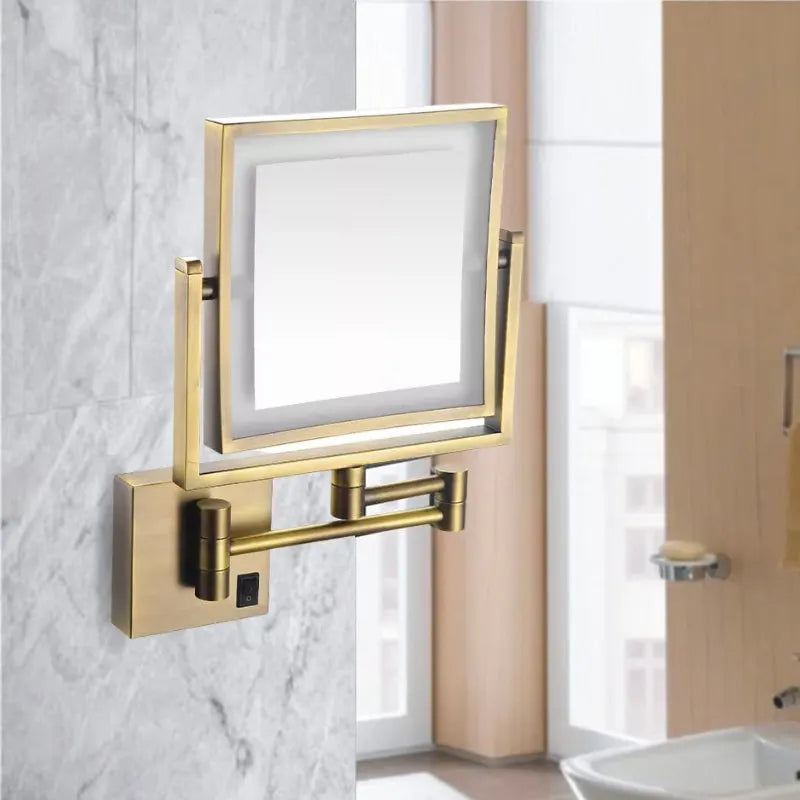 Antique Gold Magnifying LED Makeup Mirror – Adjustable Wall-Mounted Vanity Mirror with 1X/3X Magnification & Rechargeable Battery