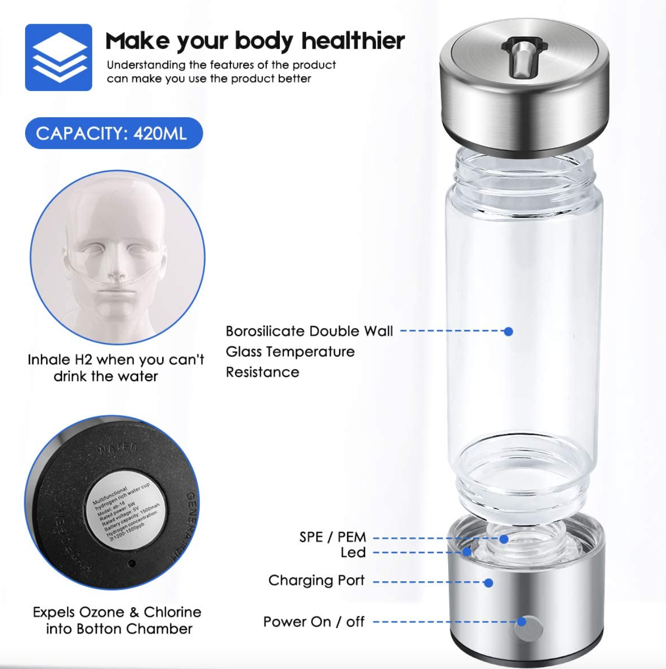 Rechargeable Hydrogen Water Bottle, Portable Water Lonizer