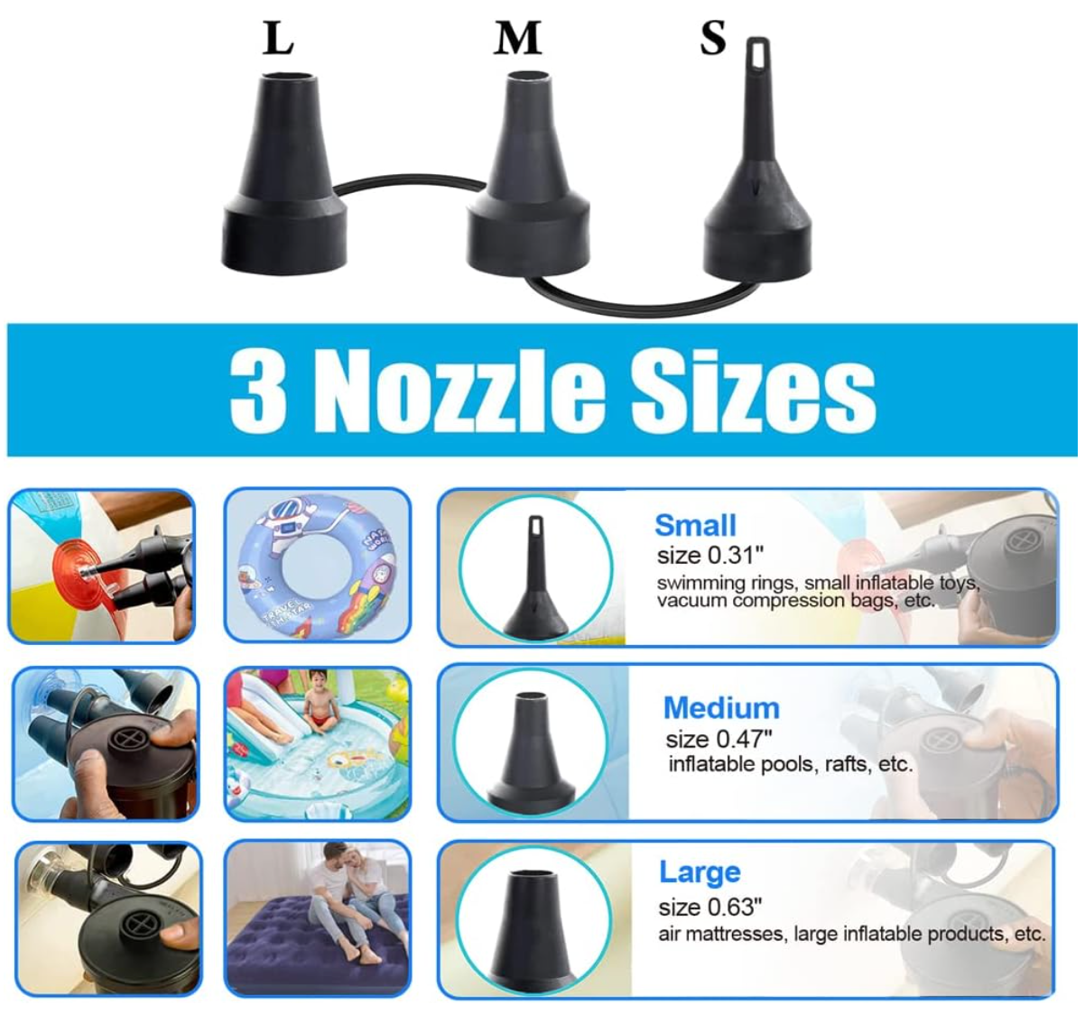 Electric Air Pump, Portable Quick-Fill Air Mattress Pumps for Inflatable Cushions with 3 Nozzles, 110V AC/12V DC
