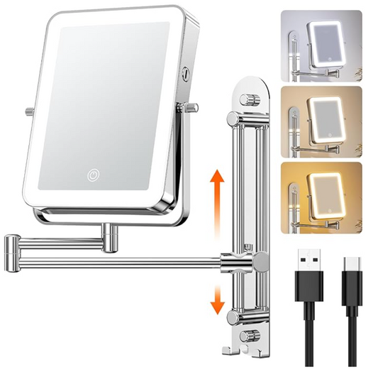 Height Adjustable Wall Mounted Lighted Makeup Mirror with Hooks, 3000mAh Rechargeable with 1X/10X Magnification, 3 Light Colors and Stepless Dimming for Bathroom