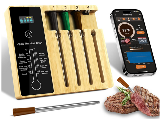 Wireless Meat Thermometer 4 Probe, 500FT Range Bluetooth Meat Thermometers, Smart App for iOS & Android, Highly-Sensitive Food Thermometer, Perfect for BBQ, Oven, Grill, Kitchen, Smoker & Rotisserie