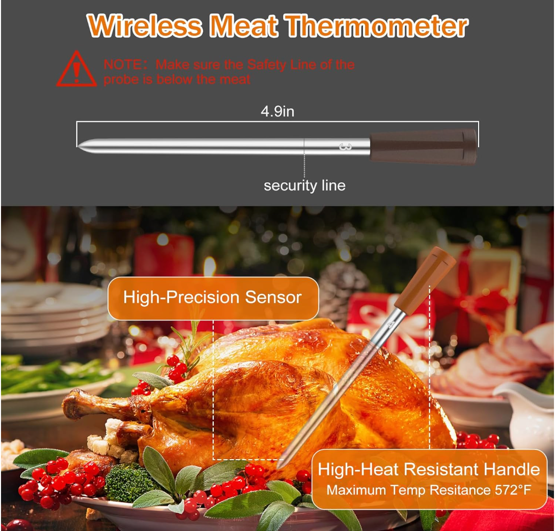 Wireless Meat Thermometer 4 Probe, 500FT Range Bluetooth Meat Thermometers, Smart App for iOS & Android, Highly-Sensitive Food Thermometer, Perfect for BBQ, Oven, Grill, Kitchen, Smoker & Rotisserie