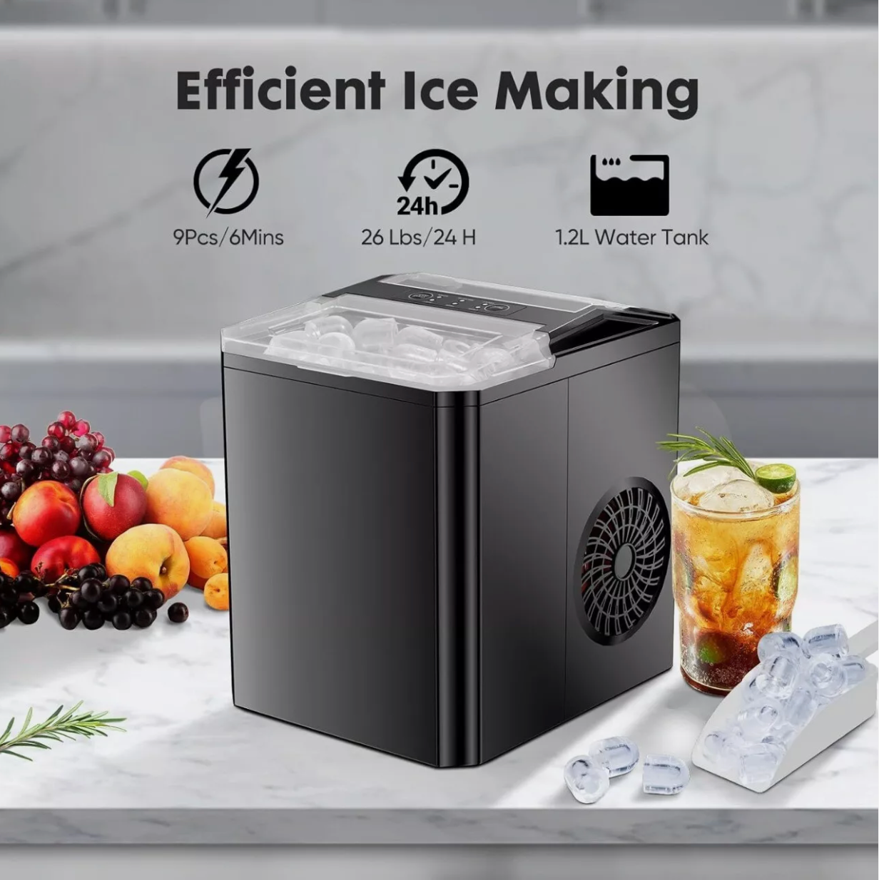 Countertop Ice Maker Portable Ice Machine Self-Cleaning 9 Cubes in 6 Mins 26 lbs