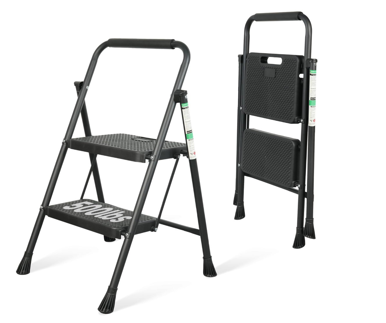 2 Step Ladder, Portable Steel Folding Step Stool with Wide Anti-Slip Pedal & Convenient Handgrip, 500lbs Sturdy Steel Ladder, Black
