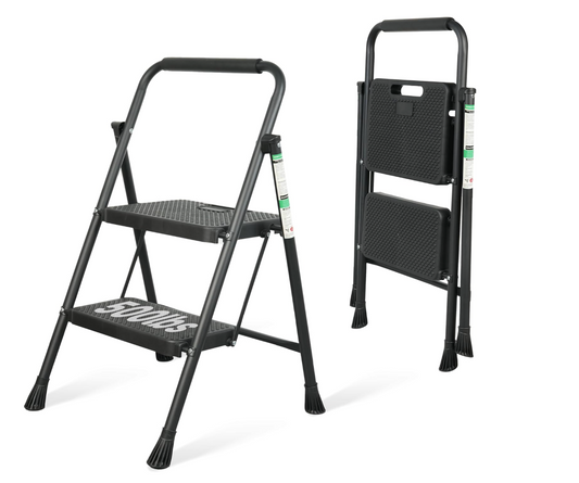 2 Step Ladder, Portable Steel Folding Step Stool with Wide Anti-Slip Pedal & Convenient Handgrip, 500lbs Sturdy Steel Ladder, Black