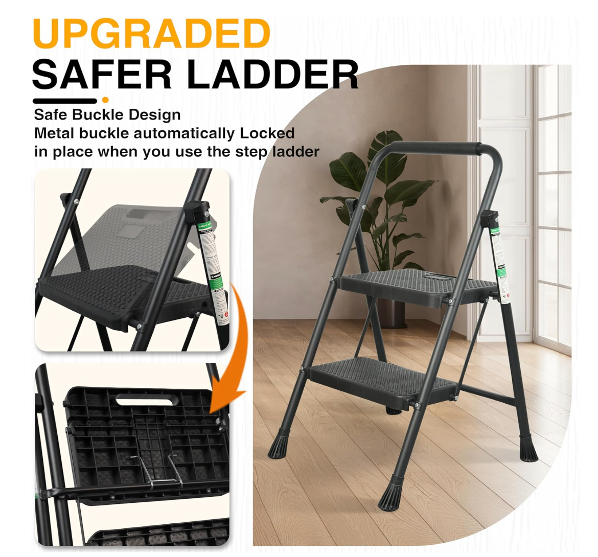 2 Step Ladder, Portable Steel Folding Step Stool with Wide Anti-Slip Pedal & Convenient Handgrip, 500lbs Sturdy Steel Ladder, Black