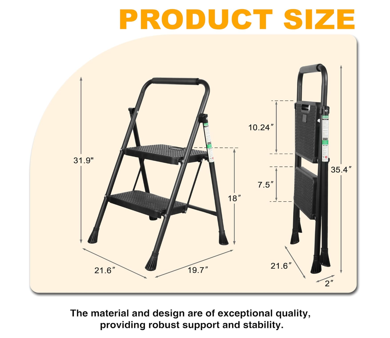 2 Step Ladder, Portable Steel Folding Step Stool with Wide Anti-Slip Pedal & Convenient Handgrip, 500lbs Sturdy Steel Ladder, Black