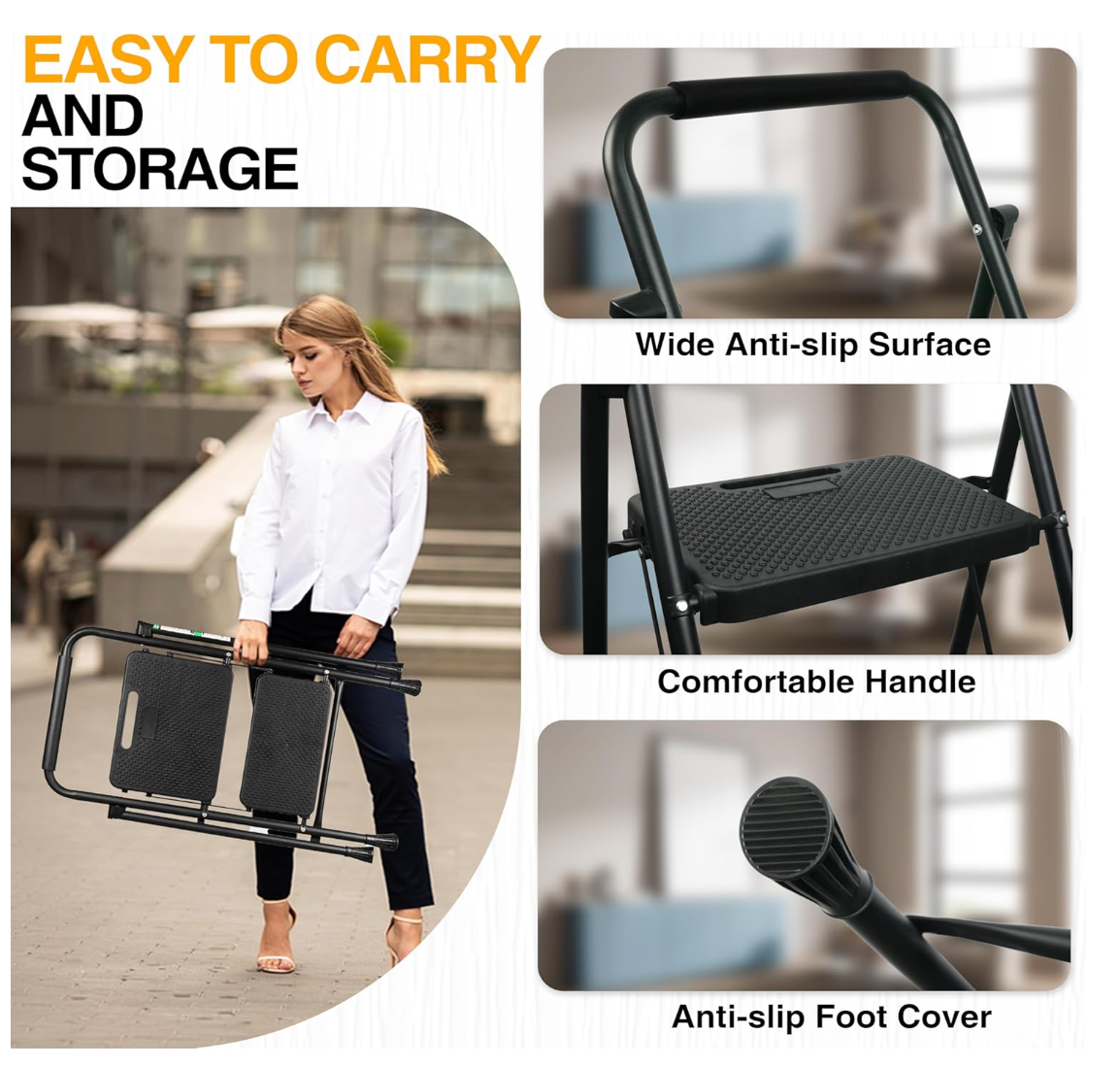 2 Step Ladder, Portable Steel Folding Step Stool with Wide Anti-Slip Pedal & Convenient Handgrip, 500lbs Sturdy Steel Ladder, Black