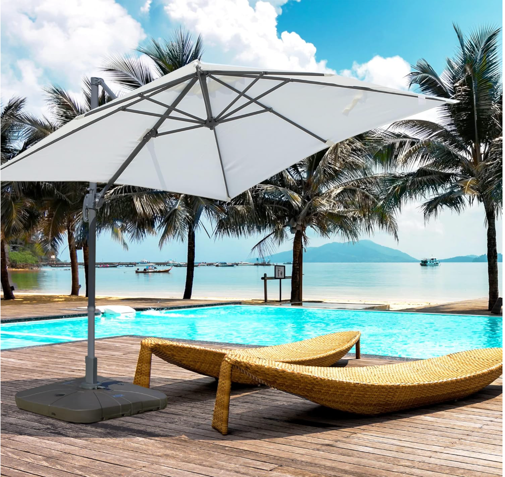 Cantilever Offset Patio Umbrella Base, Square Cantilever Patio Umbrella Base with 4 Wheels for Easy Moving, Heavy Duty Umbrella Stand Weight, 330 lb Capacity Sand or 249 lb Capacity Water, Coffee