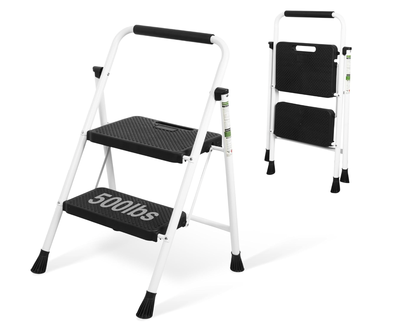 2 Step Ladder, Portable Steel Folding Step Stool with Wide Anti-Slip Pedal & Convenient Handgrip, 500lbs Sturdy Steel Ladder, Black