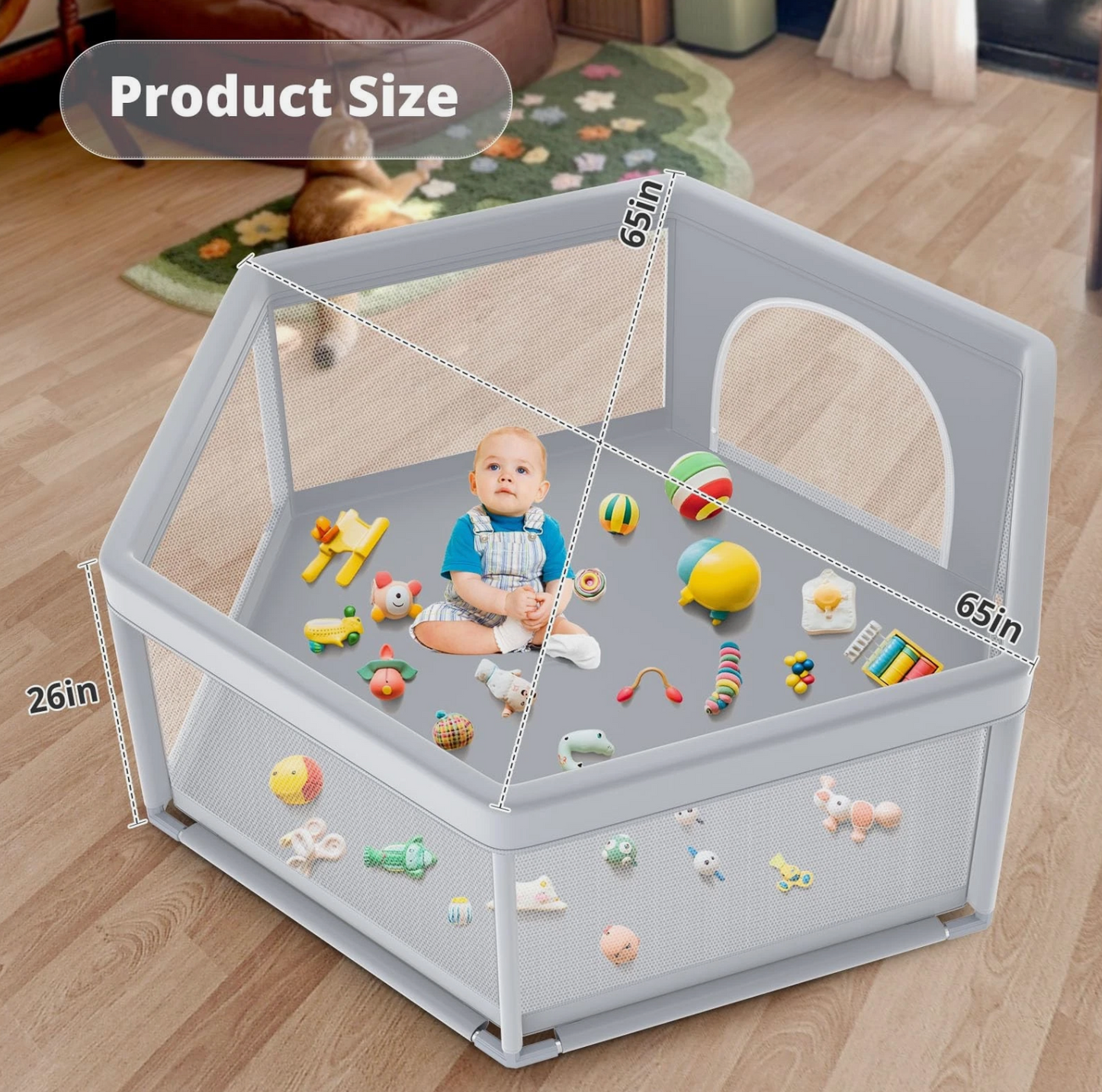 65×65 Inch Stylish Hexagonal Baby Playpen, Soft Play Pen for Babies and Toddlers, Safe Anti-Fall Baby Play Yards, Indoor & Outdoor Sturdy Safety Baby Activity Center,