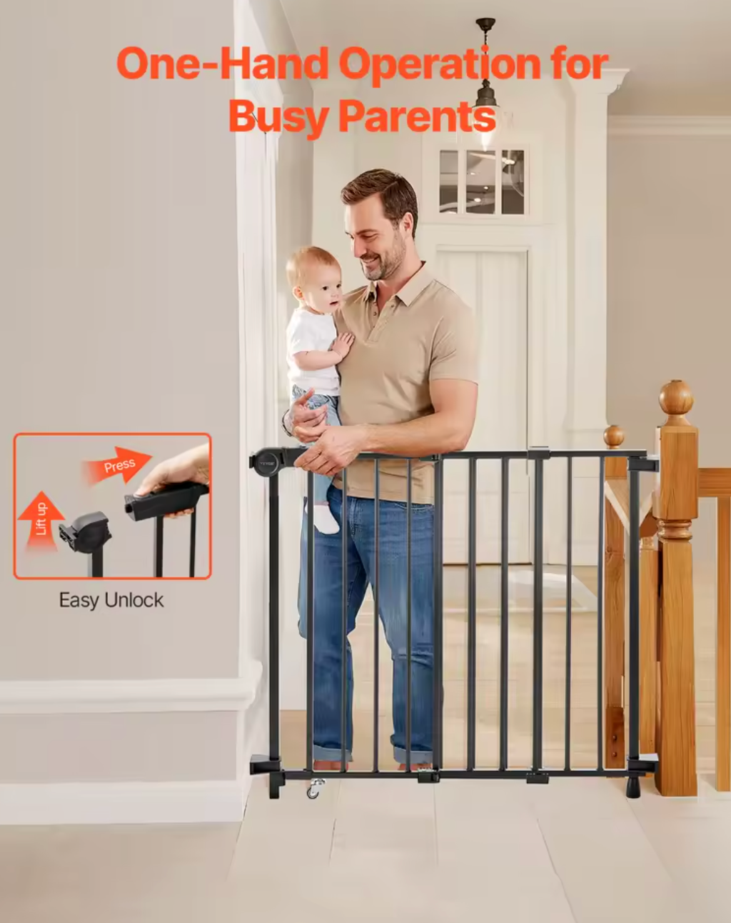 SucceBuy Baby Gate 29.5-43 Inches Adjustable Width 28 Inches High Dog Gate No Threshold Bar Easy Step Walk Child Pet Security