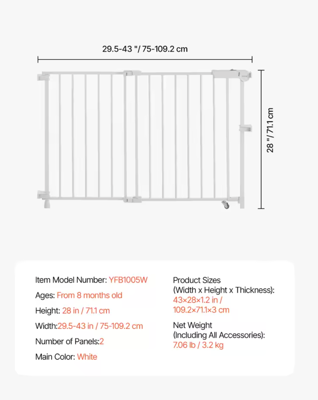 SucceBuy Baby Gate 29.5-43 Inches Adjustable Width 28 Inches High Dog Gate No Threshold Bar Easy Step Walk Child Pet Security