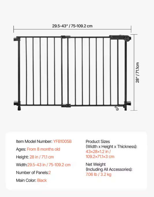 SucceBuy Baby Gate 29.5-43 Inches Adjustable Width 28 Inches High Dog Gate No Threshold Bar Easy Step Walk Child Pet Security