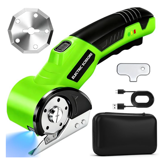 Cordless Electric Scissors, Rechargeable Rotary Cardboard Cutter, Automatic Box Cutter with LED Light, Safety Lock, Extra Blades, Electric Scissors for Fabric Leather Carpet Plastic Cloth Paper