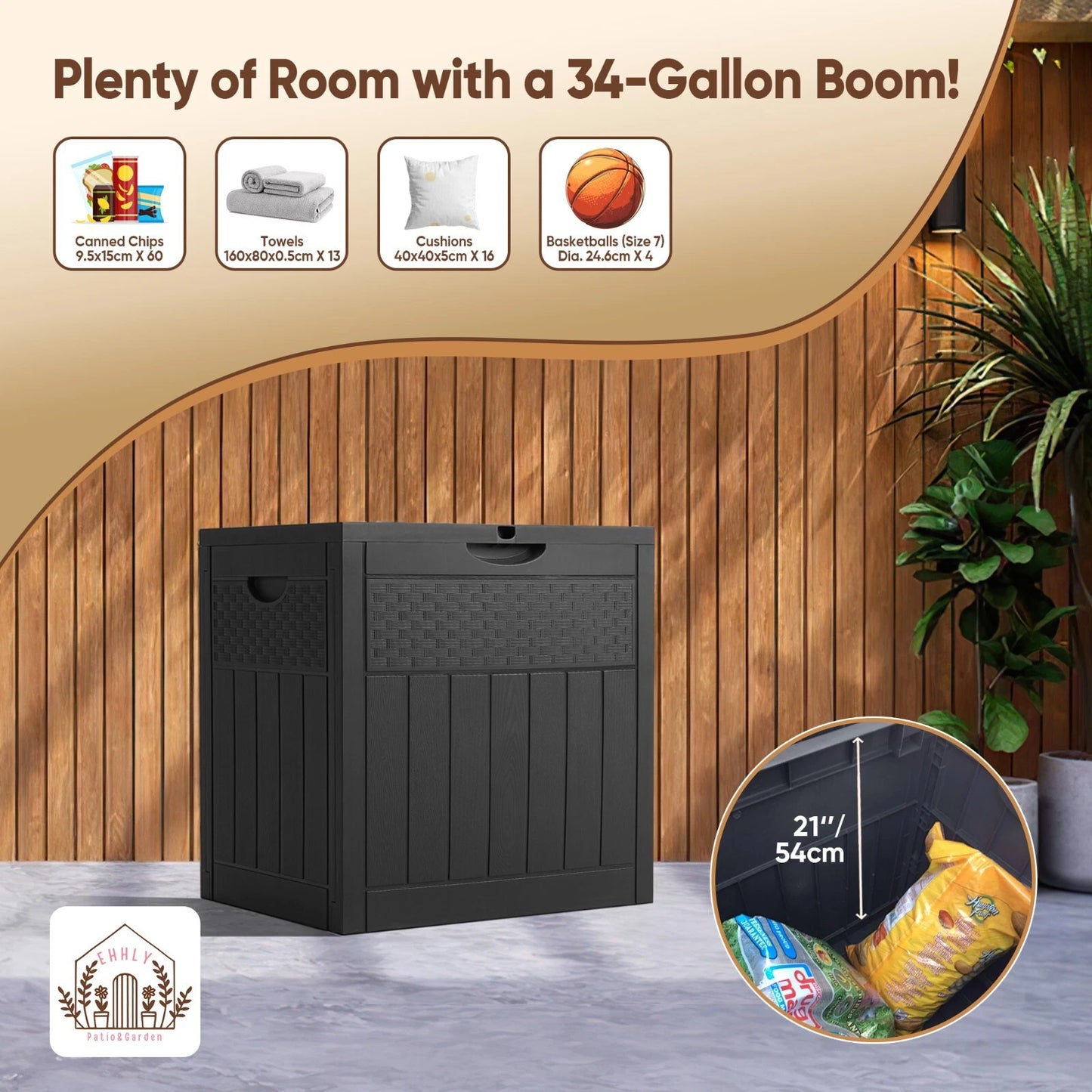 33 Gallon Deck Box, Outdoor Storage Box Waterproof, Black