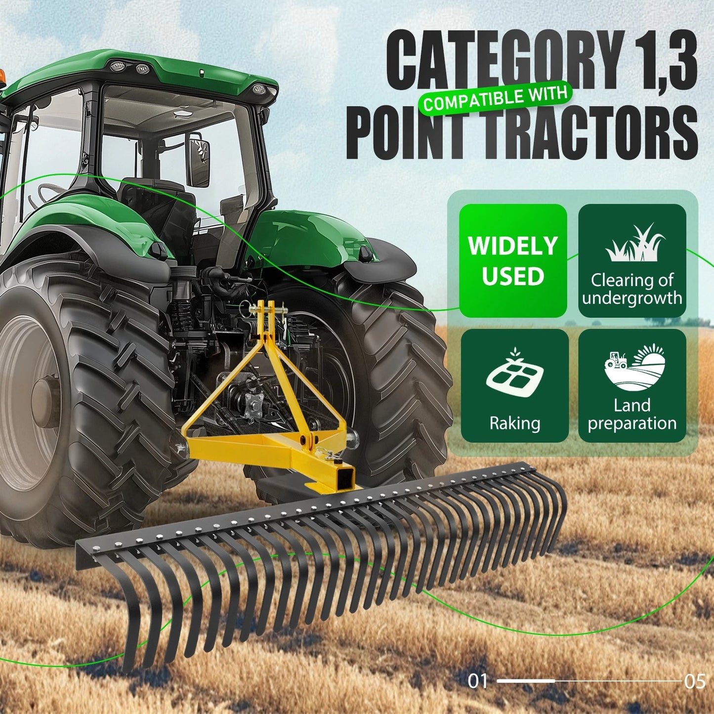 3 Pt 60'' Landscape Rock Rake Soil Gravel Lawn for Cat 1 Campact Tractor Heavy