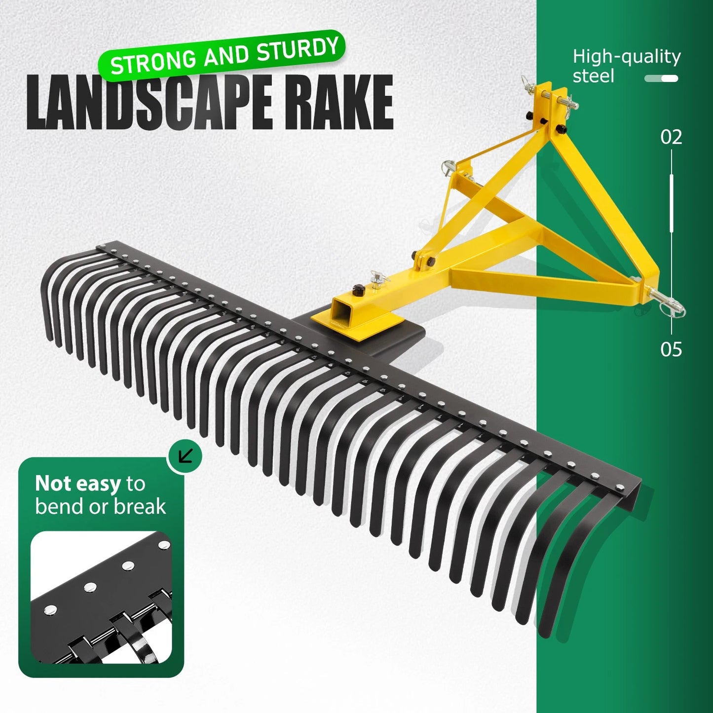 3 Pt 60'' Landscape Rock Rake Soil Gravel Lawn for Cat 1 Campact Tractor Heavy