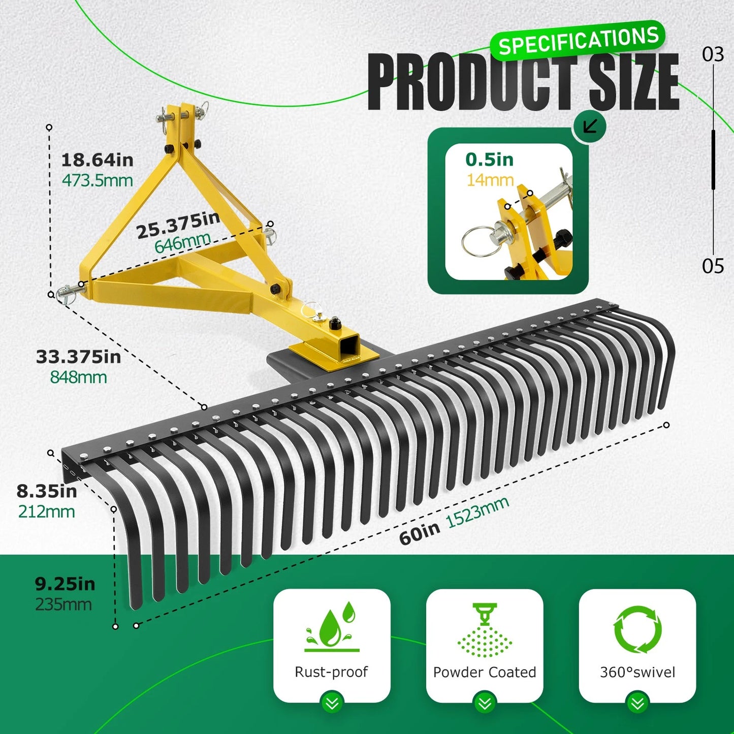 3 Pt 60'' Landscape Rock Rake Soil Gravel Lawn for Cat 1 Campact Tractor Heavy